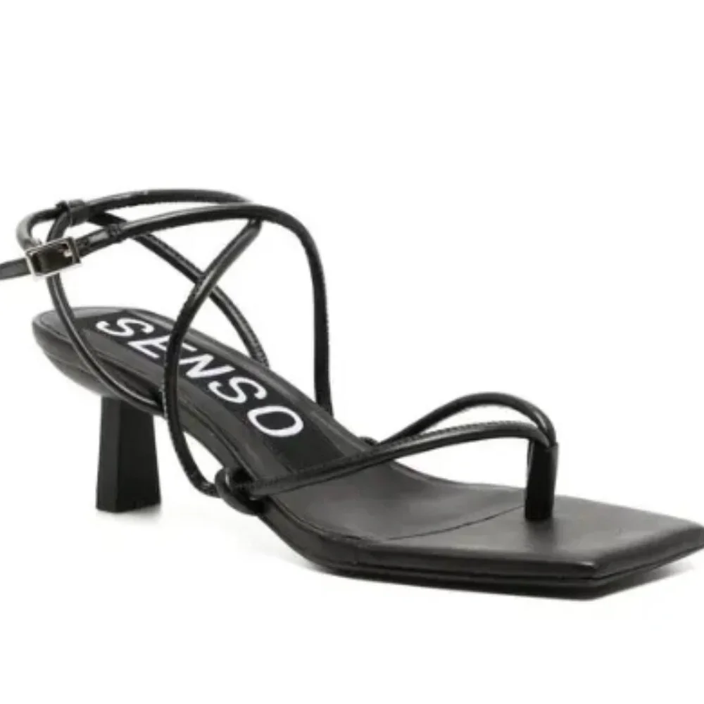 SENSO Wella Black Strappy Sandal Square Toe Minimalist Kitten Heel NIB